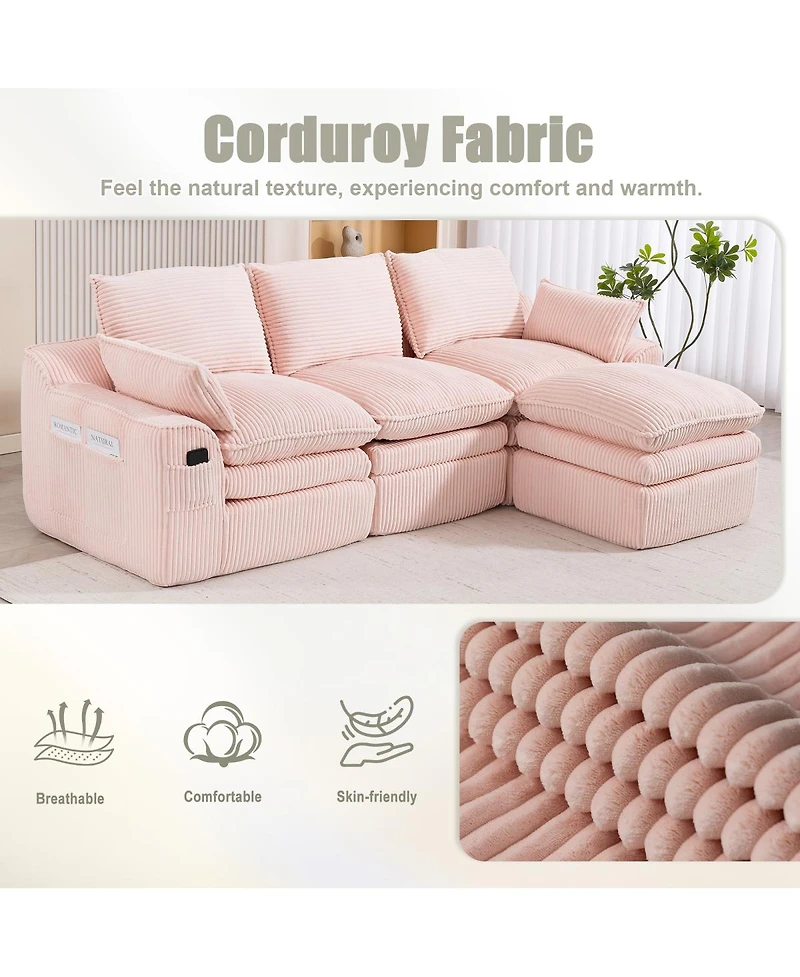 Streamdale Furniture L-Shape Corduroy Modular Sectional Sofa with Movable Footstool