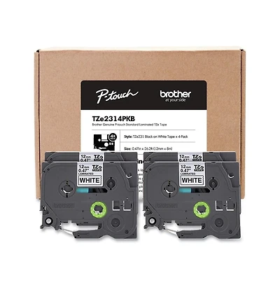 Brother P-Touch TZE2314PKB 0.5 in. TZe Series Standard Adhesive Laminated Labeling Tape(4/Pack