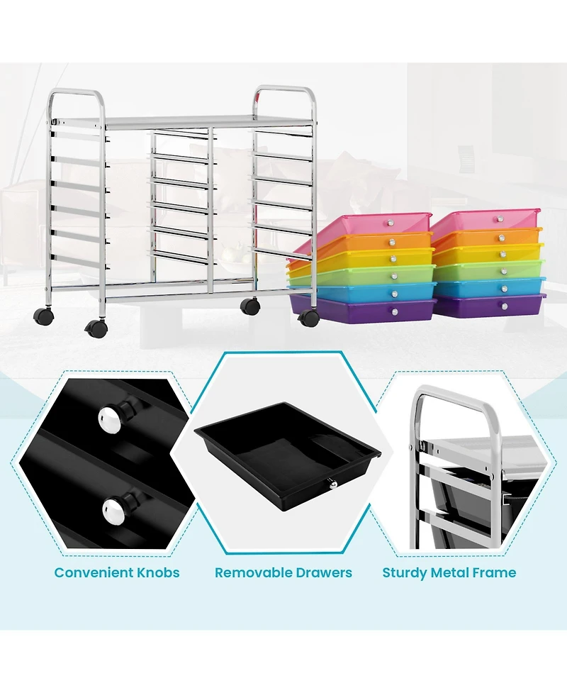 Gouun 12-Drawer Rolling Storage Cart with Multicolor Drawers and Wheels