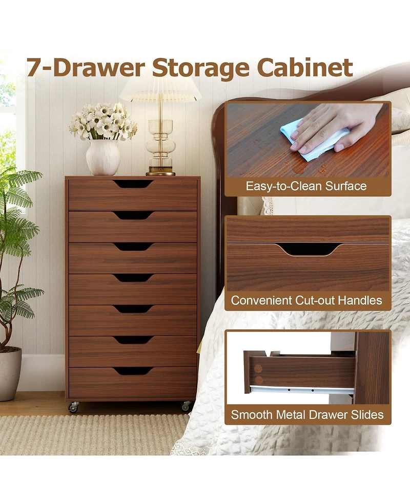 Gouun 7-Drawer Wooden Storage Dresser with Lockable Wheels