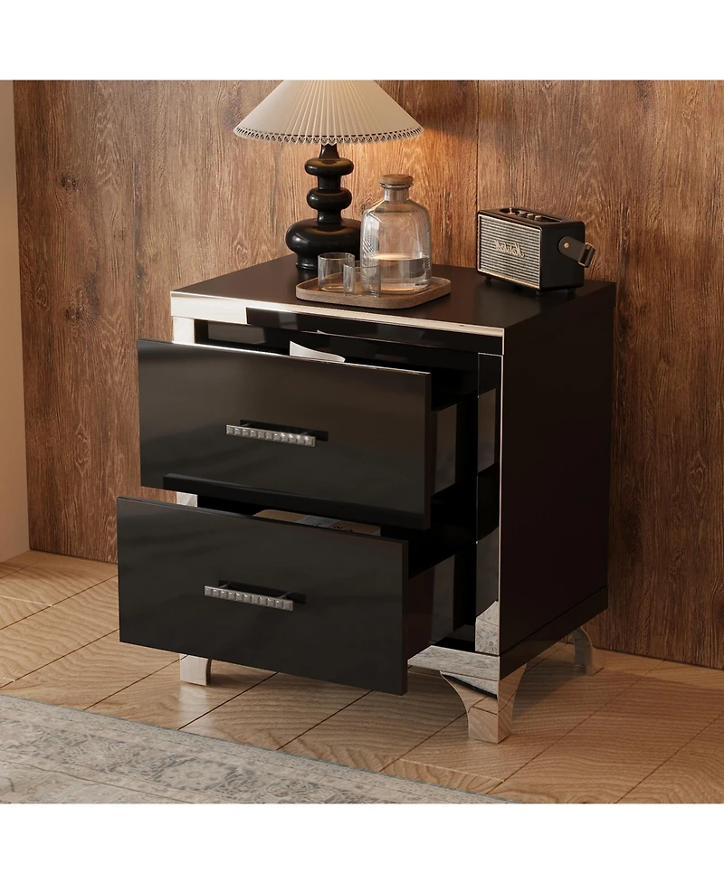 sumyeg High Gloss Mirrored Nightstand with 2 Drawers and Metal Handle