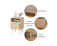 sumyeg Oak Rattan Nightstand with Door and Open Shelf - Solid Wood Legs Accent End Table
