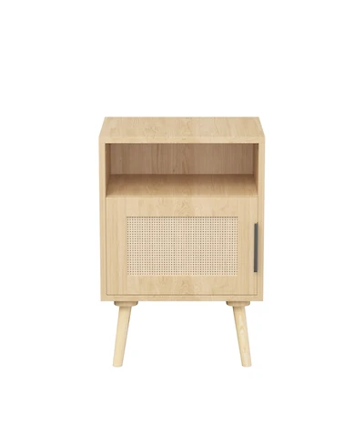 sumyeg Oak Rattan Nightstand with Door and Open Shelf - Solid Wood Legs Accent End Table