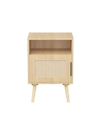 sumyeg Oak Rattan Nightstand with Door and Open Shelf - Solid Wood Legs Accent End Table