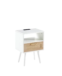 sumyeg Modern Rattan End Table with Power Outlet Usb Ports Drawer Solid Wood Legs