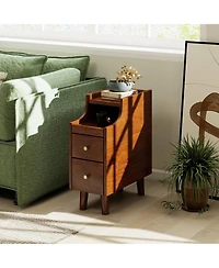 sumyeg Solid Wood End Table Narrow Bedside Table with Pull-out Tray and 2 Storage Drawers