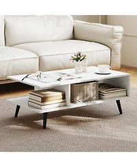 sumyeg Mid Century Modern Rectangle Coffee Table 2-Tier Accent Table with 2 Open Compartments