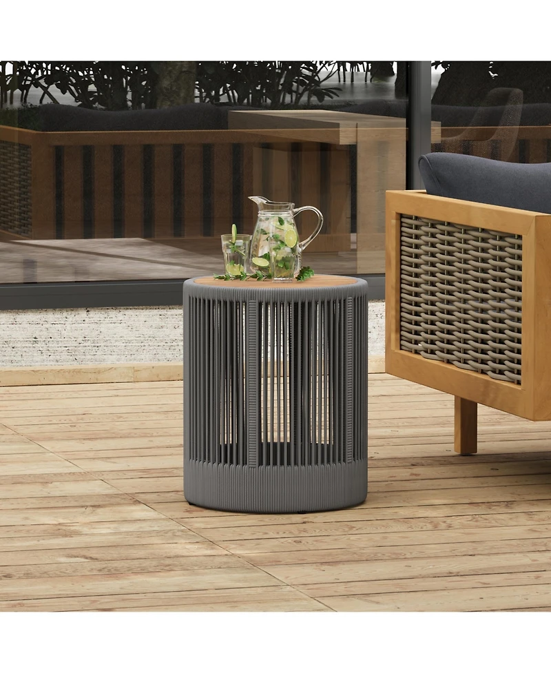 sumyeg Outdoor Rattan Rope and Acacia Wood Side Table for Patio, Balcony Garden