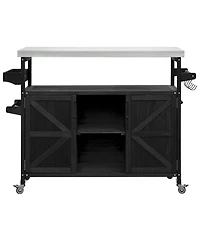 sumyeg Outdoor Kitchen Island and Rolling Bar Cart, Farmhouse Solid Wood Grill Table with Stainless Steel Top, Spice Rack and Towel Rack