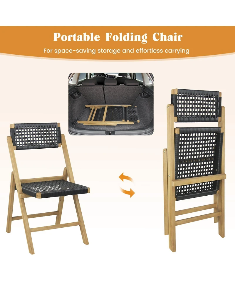 Gymax 4PCS Folding Chairs w/ Woven Rope Seat and High Back Indonesia Teak Patio