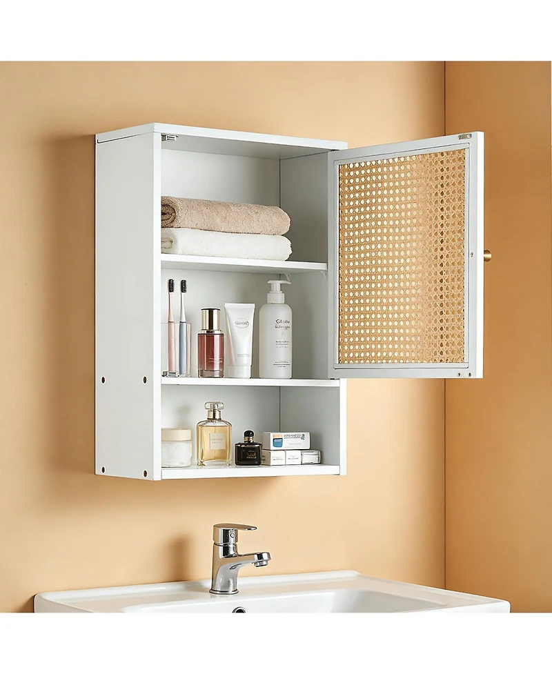 homfan Bathroom Wall Cabinet, Wood Rattan Storage with 3-Tier Shelves and Doors, Medicine Holds 33lbs for Bathroom, Laundry Room