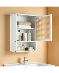 homfan Bathroom Wall Cabinet, Wood Rattan Storage with 3-Tier Shelves and Doors, Medicine Holds 33lbs for Bathroom, Laundry Room