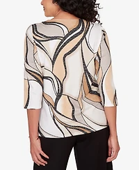 Alfred Dunner Women's Seville Abstract Print Pleated Crewneck Top