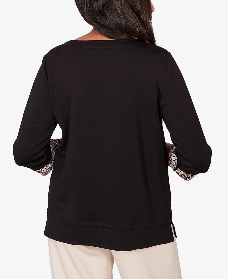 Alfred Dunner Women's Seville Bold Floral Border Trim Top with Necklace