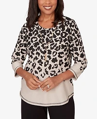 Alfred Dunner Women's Seville Animal Print Crewneck Top with Necklace