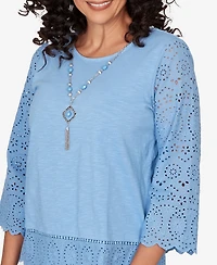 Alfred Dunner Women's St. Augustine Solid Eyelet Trim Crewneck Top with Necklace