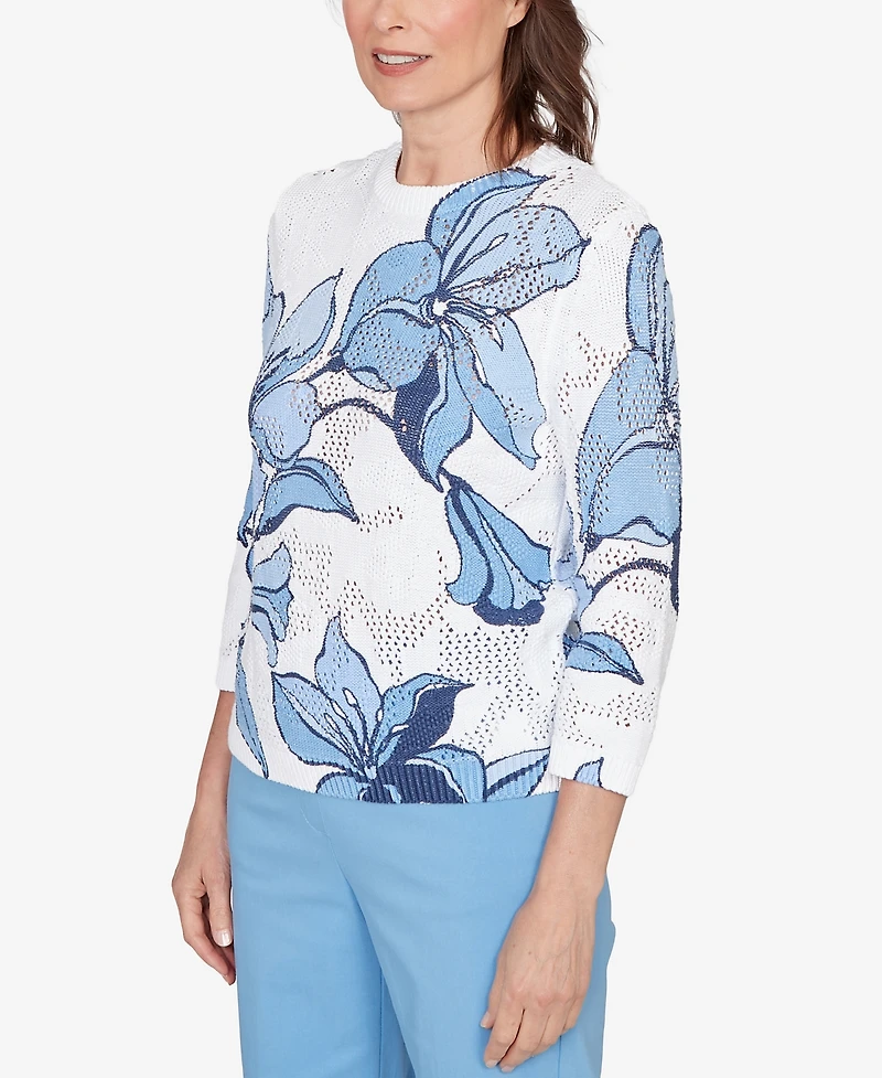 Alfred Dunner Women's St. Augustine Abstract Floral Print Ribbed Sweater