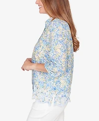 Alfred Dunner Women's Classic Embroidered Floral Border Button Down Top