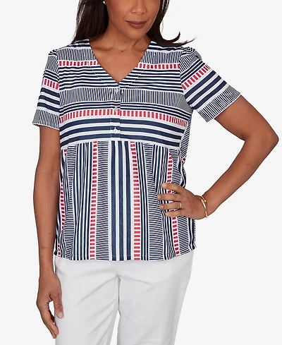 Alfred Dunner Women's Port Side Spliced Mixed Stripe Flutter-Sleeve Top
