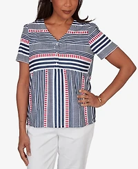 Alfred Dunner Women's Port Side Spliced Mixed Stripe Flutter-Sleeve Top