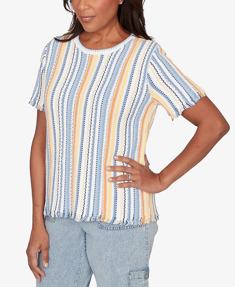 Alfred Dunner Women's Out of the Blue Textured Fringe Stripe Short-Sleeve T-shirt