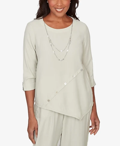 Alfred Dunner Women's Vintage Charm Diagonal Spliced Detailed Crewneck Top with Necklace