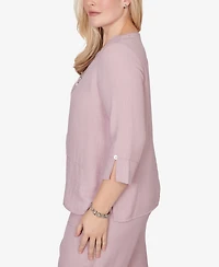 Alfred Dunner Women's Vintage Charm Textured Spliced Rose Crewneck Top