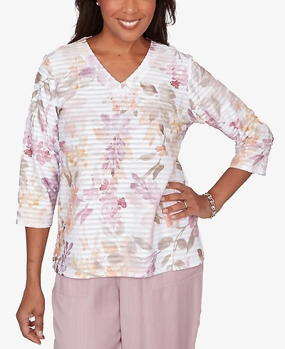 Alfred Dunner Women's Vintage Charm Watercolor Floral Textured V-Neck Top