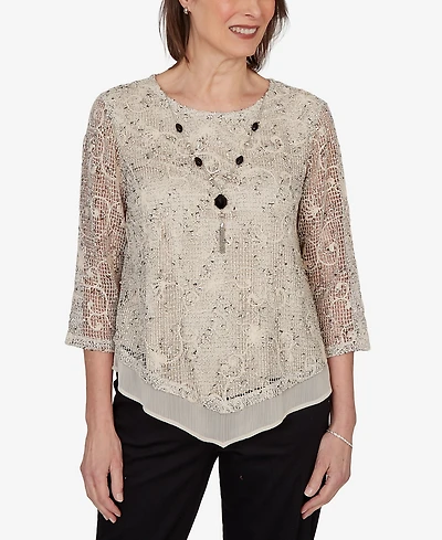 Alfred Dunner Women's Detail Driven Popcorn Mesh Pointed Hem Top with Necklace