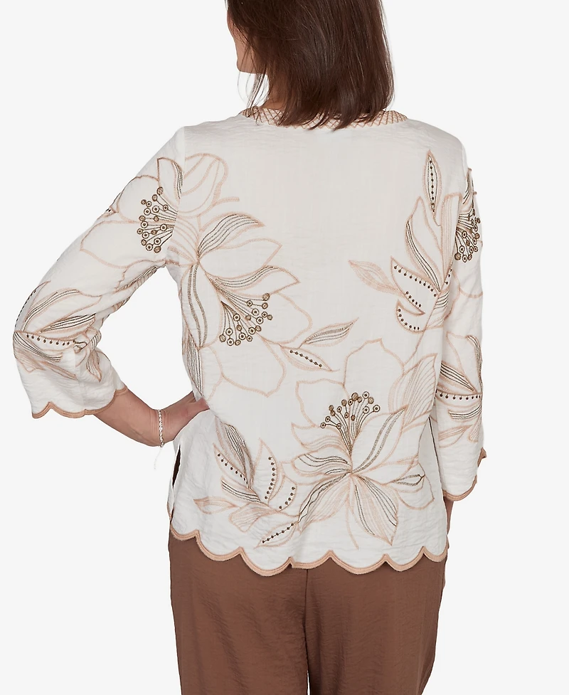 Alfred Dunner Women's Spice Market Embroidered Floral V-Neck Textured Top