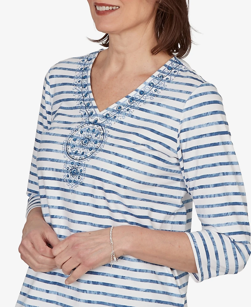 Alfred Dunner Women's Classic Medallion Embroidered Stripe V-Neck Top