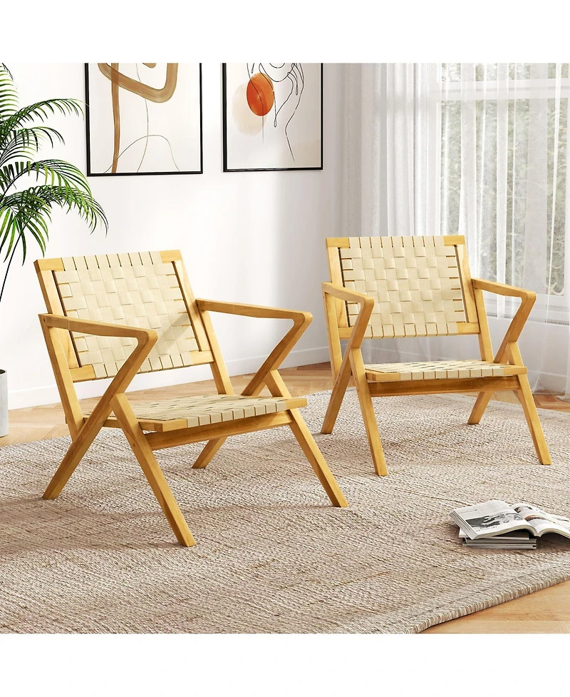 Sugift Outdoor and Indoor Teak Wood Patio Chair wuth Webbing Seat and Backrest