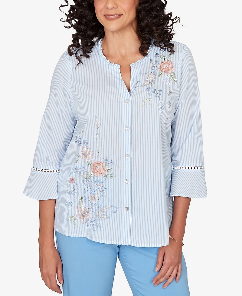 Alfred Dunner Women's St. Augustine Striped Floral Embroidered Button-Down Top