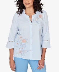 Alfred Dunner Women's St. Augustine Striped Floral Embroidered Button-Down Top