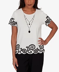 Alfred Dunner Women's Crowd Pleaser Paisley Border T-shirt with Necklace