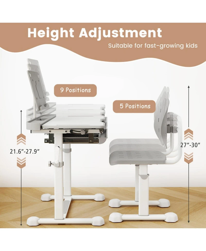 Gouun Height-Adjustable Kids Study Desk and Chair Set with Tilt Desktop