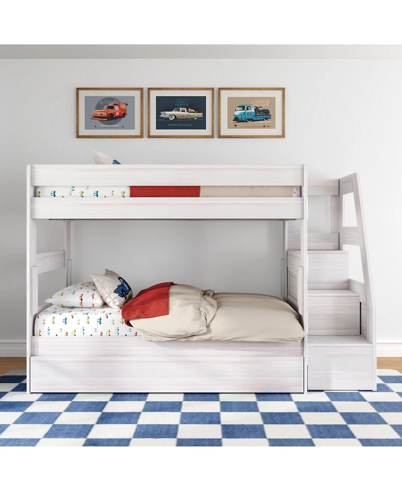 Max & Lily Twin Over Wood Staircase Bunk Bed with Trundle, Driftwood