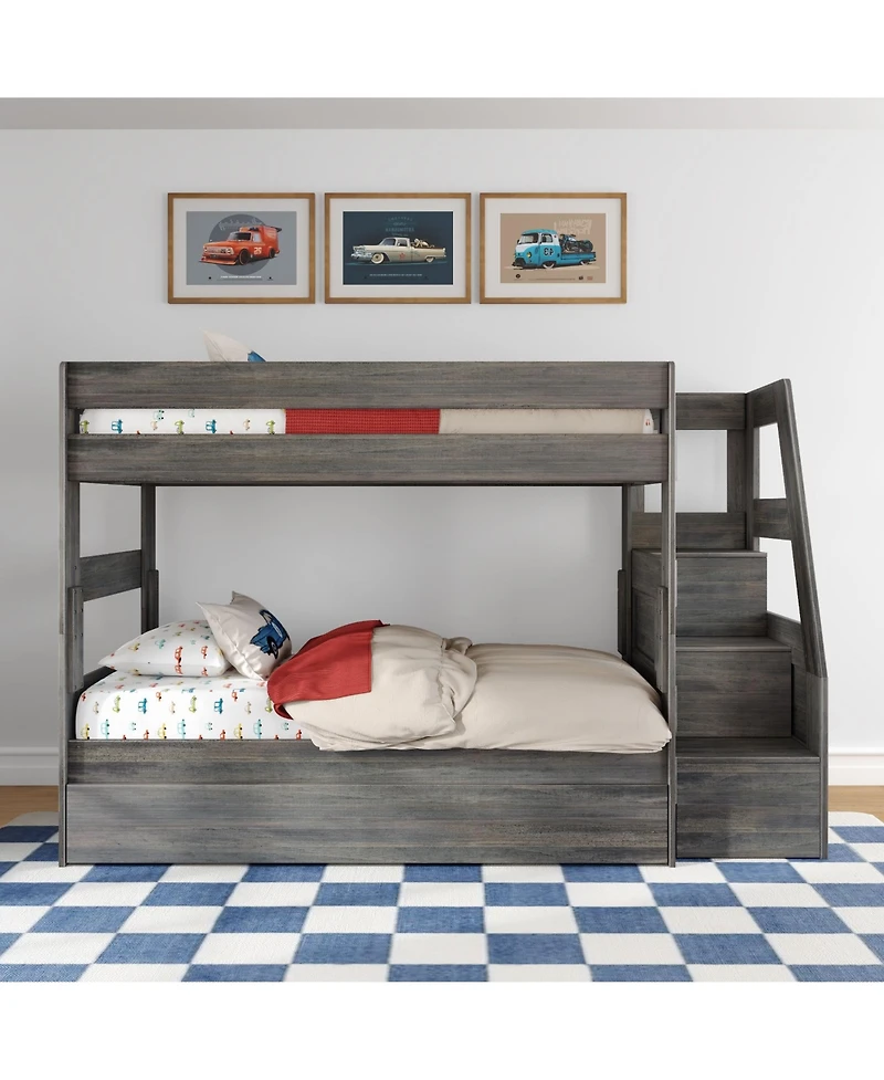 Max & Lily Twin Over Wood Staircase Bunk Bed with Trundle, Driftwood