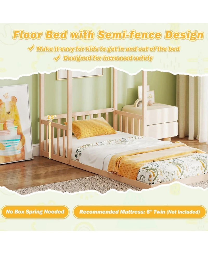 Gouun Twin Kids House Bed Frame with Safety Guardrails