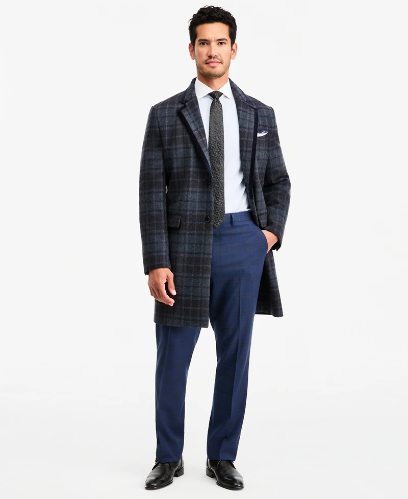 Tayion Collection Men's Classic-Fit Blue Plaid Overcoat