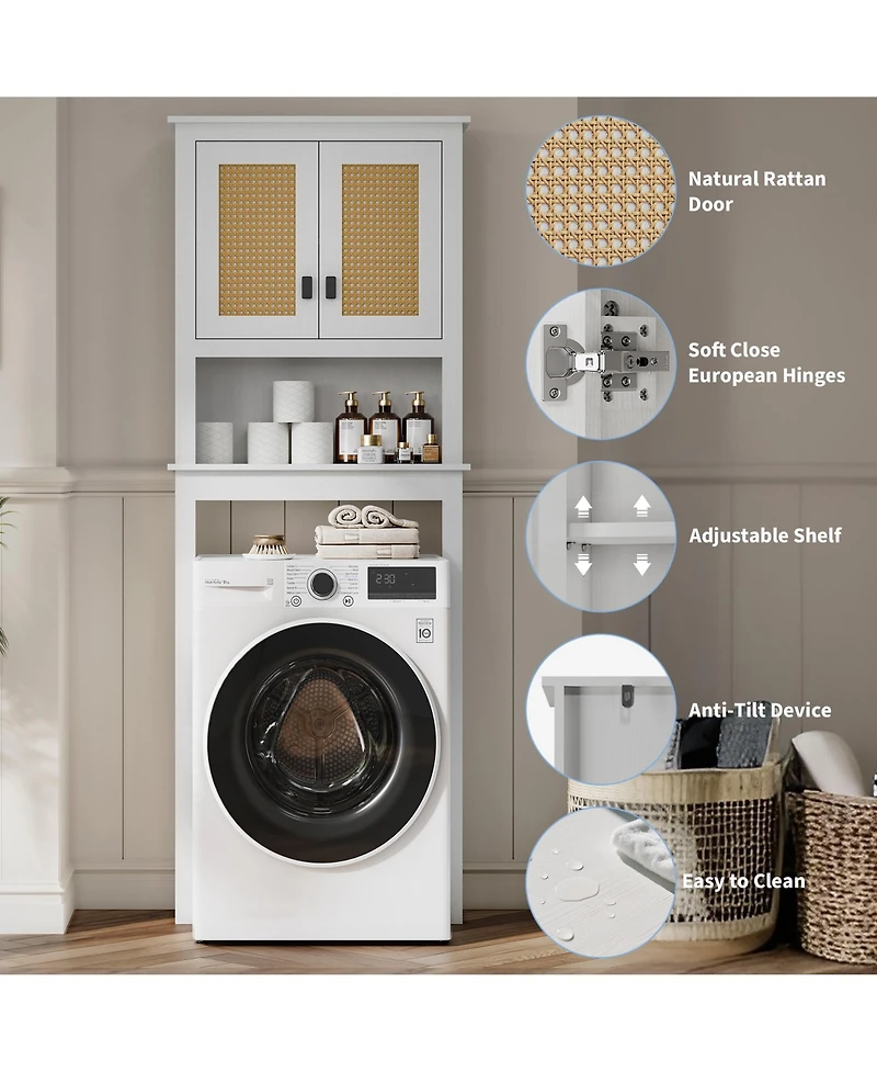 homfan Storage Cabinet, Over Toilet Bathroom Organizer with Rattan Doors, Bathroom Cabinet with Adjustable Shelf and with Anti-Tip Device
