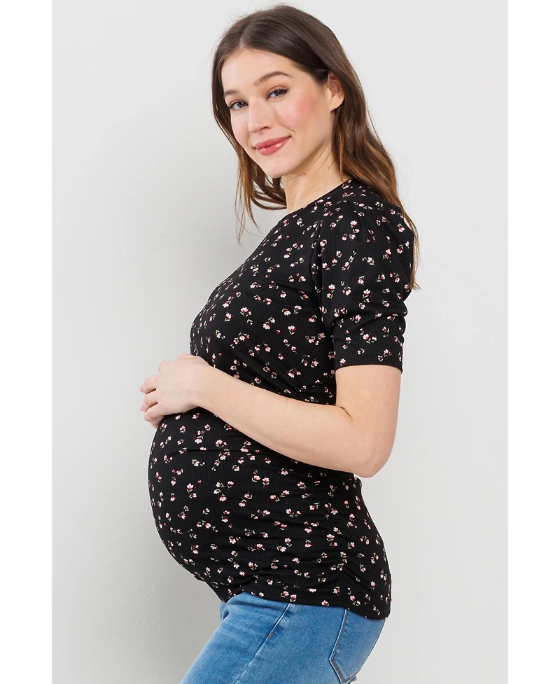 Hello Miz Maternity Floral Ribbed Ruched Puff-Sleeve Fitted Top