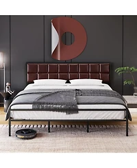 gaomon Full Upholstered Metal Bed Frame with Square-Stitched Headboard, Faux Leather Platform Bed with Steel Slats Support, Box Spring Optional