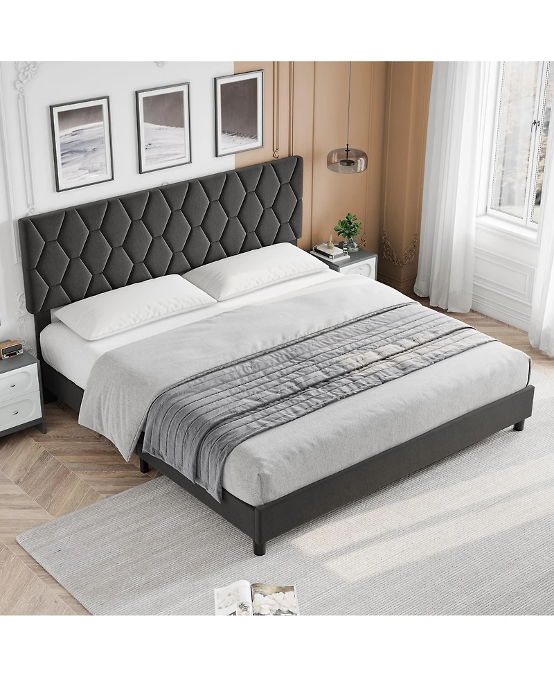 Homfan Full Bed Frame with Upholstered Headboard, Heavy-Duty Platform Bed Frame with Strong Wood Slats