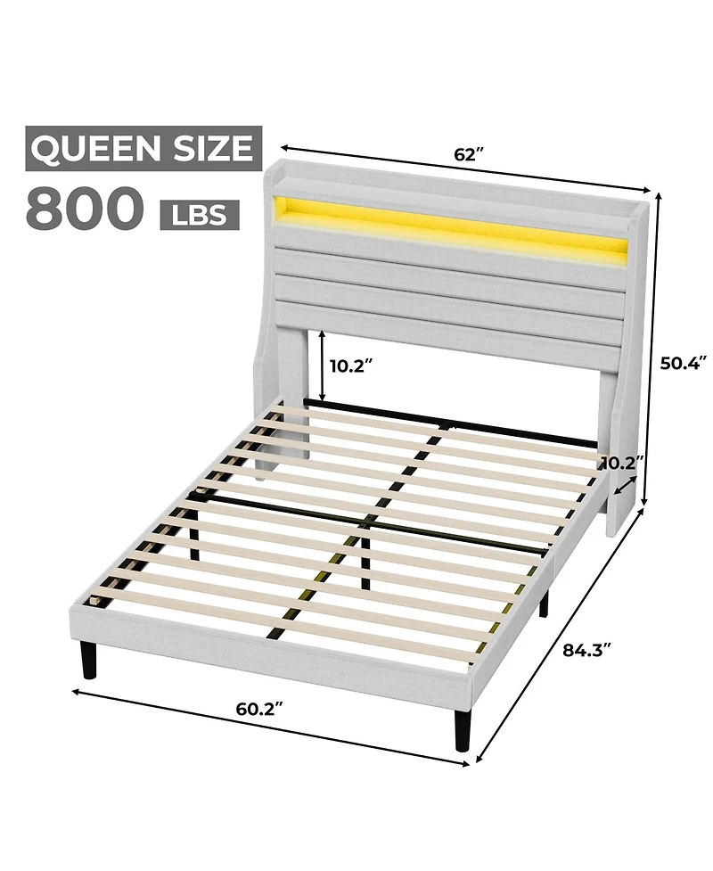 Homfan Modern Upholstered Platform Bed Frame with Led Headboard and Charging Station - Wooden Slat Support, Noise-Free