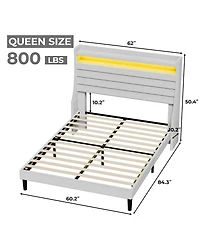 Homfan Modern Upholstered Platform Bed Frame with Led Headboard and Charging Station - Wooden Slat Support, Noise-Free