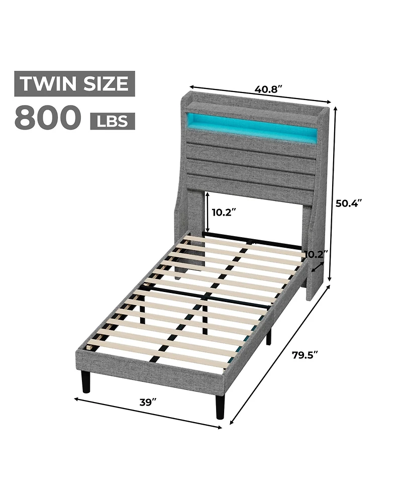 Homfan Modern Upholstered Platform Bed Frame with Led Headboard and Charging Station - Wooden Slat Support, Noise-Free