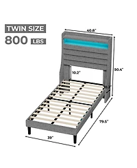 Homfan Modern Upholstered Platform Bed Frame with Led Headboard and Charging Station - Wooden Slat Support, Noise-Free