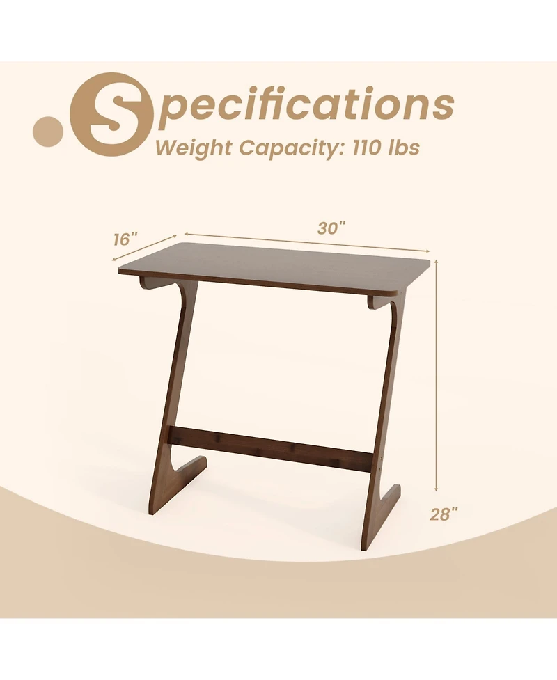 Sugift Bamboo Z Shaped Sofa Side Table with Space Saving Top