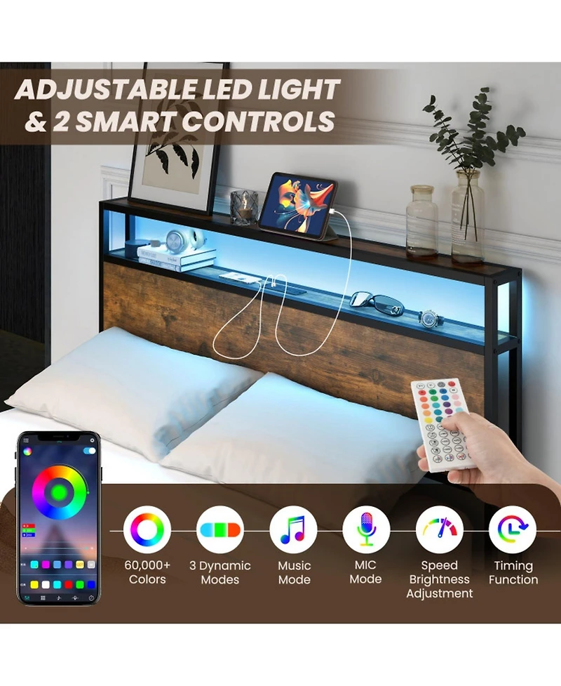 Gouun Full Size Led Bed Frame with 4 Storage Drawers and Built-In Charging Station